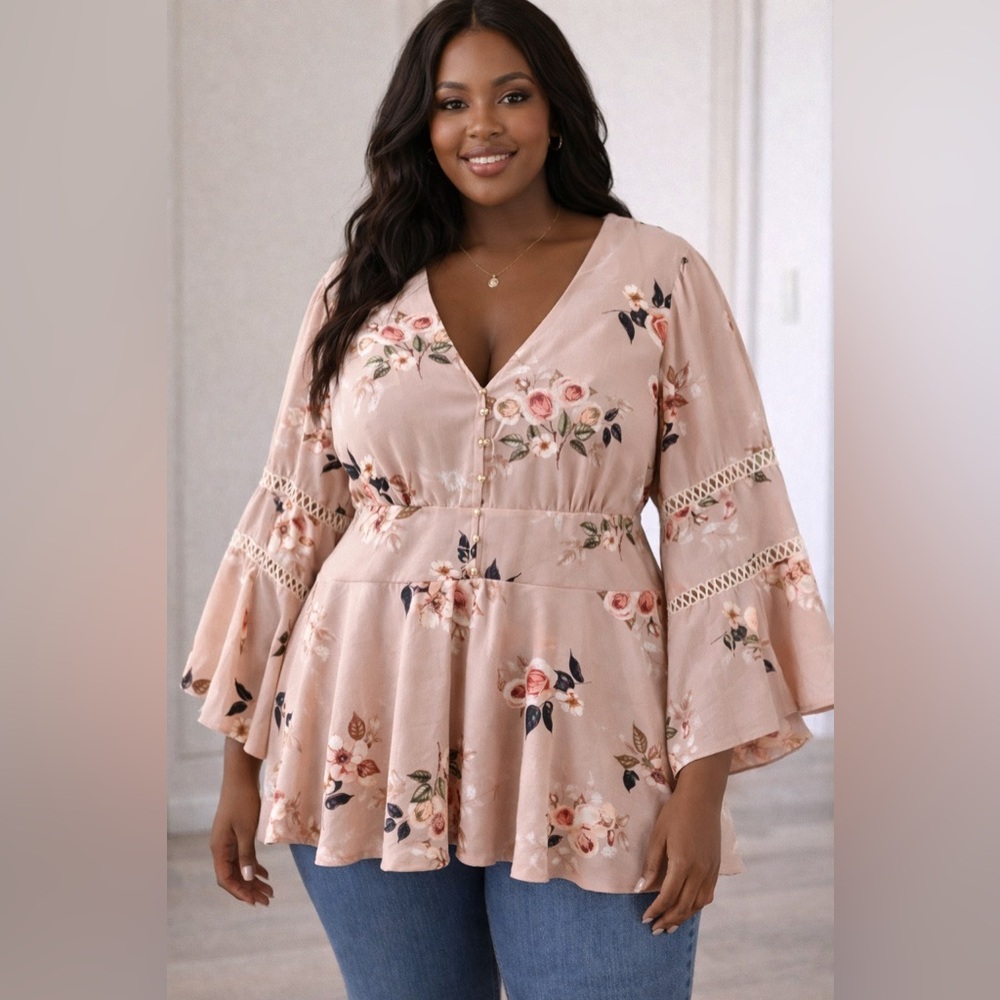 City Chic Floral Peplum Top Maternity Top M/18 Pink Boho Bell Sleeve Cottagecore